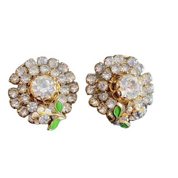 Beautiful Vintage Enamel Flower Rhinestone Layered Clip Earrings (A1906) - Picture 2 of 4